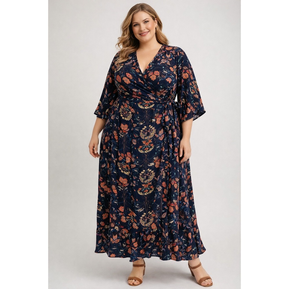 Hayden Wrap Maxi Dress 2XL Navy Blue Floral Kimono Sleeve Boho‎ Cottage Feminine